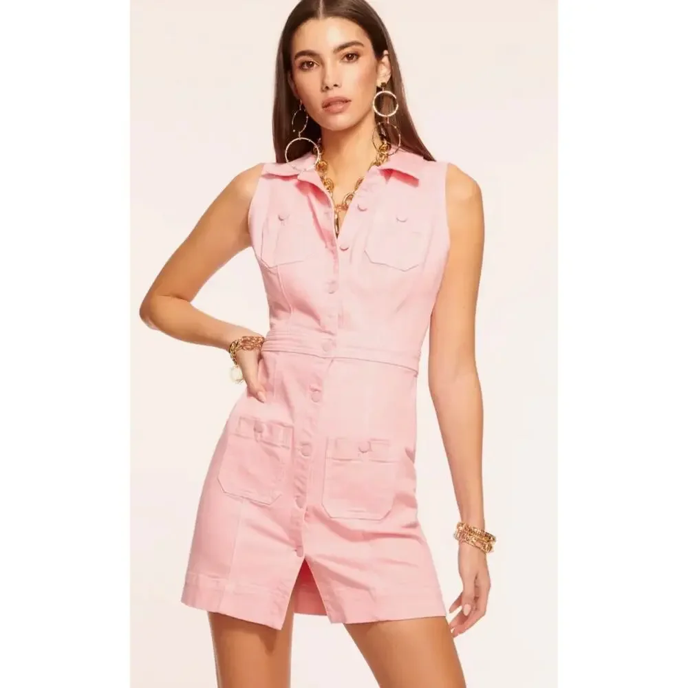 Ramy Brook Katalina Coated Denim Utility Minidress Pink sz 26